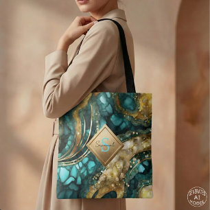Bolsa Tote Gezódia de Ágata Azul Turquesa Mármore com Nome Mo