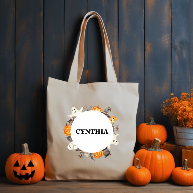 Bolsa Tote Ghost Ghost Gat Cat Halloween Watercolor Wreath (Criador carregado)