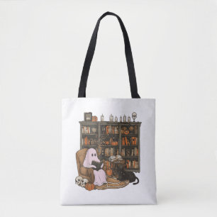 Bolsa Tote Ghost Reading Book Cat lover Halloween