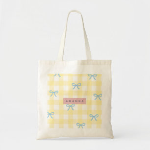 Bolsa Tote Ginga Amarela Personalizada e Laço Azul Pastel