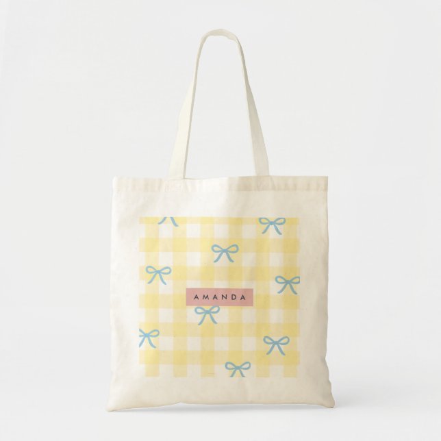 Bolsa Tote Ginga Amarela Personalizada e Laço Azul Pastel (Frente)