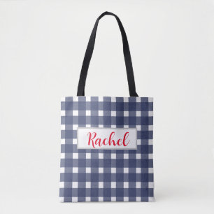 Bolsa Tote Gingham Branco Azul Personalizado