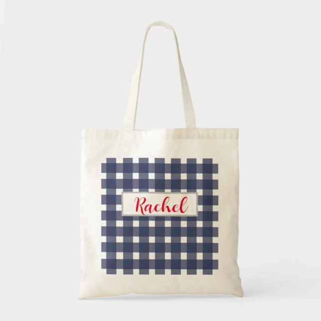 Bolsa Tote Gingham Branco Azul Personalizado (Frente)