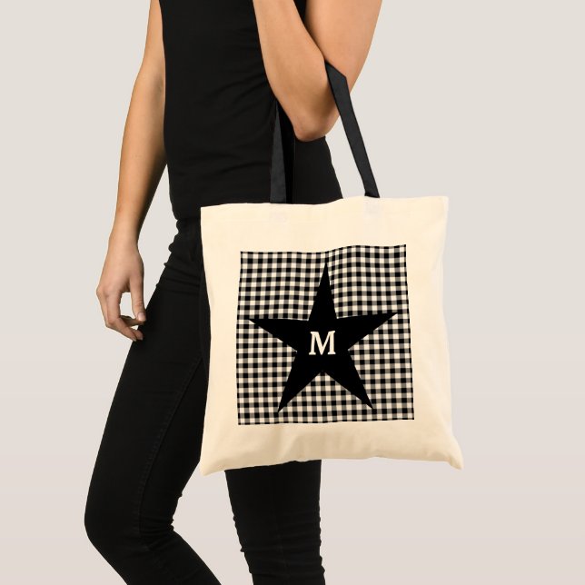 Bolsa Tote Gingham preto e branco Personaliza a estrela do mo (Frente (produto))