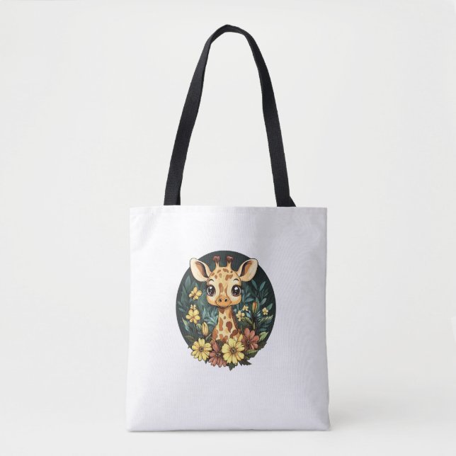 Bolsa Tote Girafa Adorável Cercada Por Flores _4 (Frente)