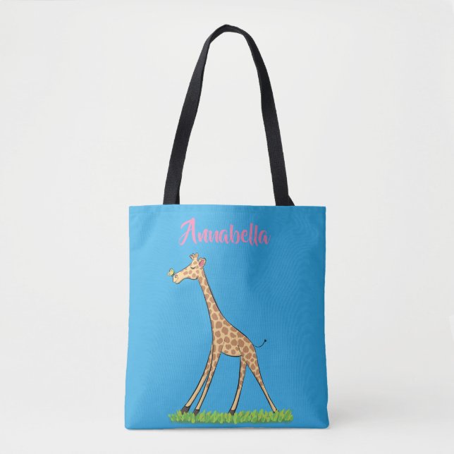 Bolsa Tote Girafa bonita e feliz com cartoon de borboleta (Frente)