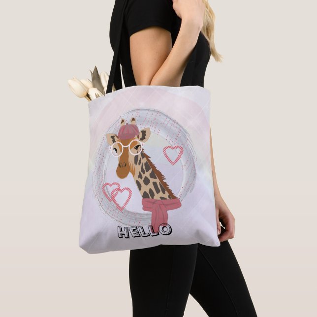 Bolsa Tote Girafa com óculos e um berço vermelho (Close Up)