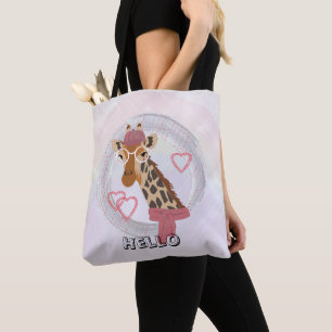 Bolsa Tote Girafa com óculos e uma boina vermelha