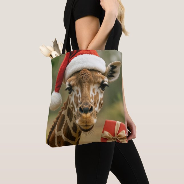Bolsa Tote Girafa de Natal Com Presente de Feriado (Close Up)