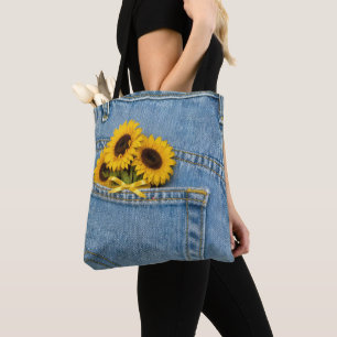 Bolsa Tote Girassóis Amarelos no Bolso de Jeans Azul