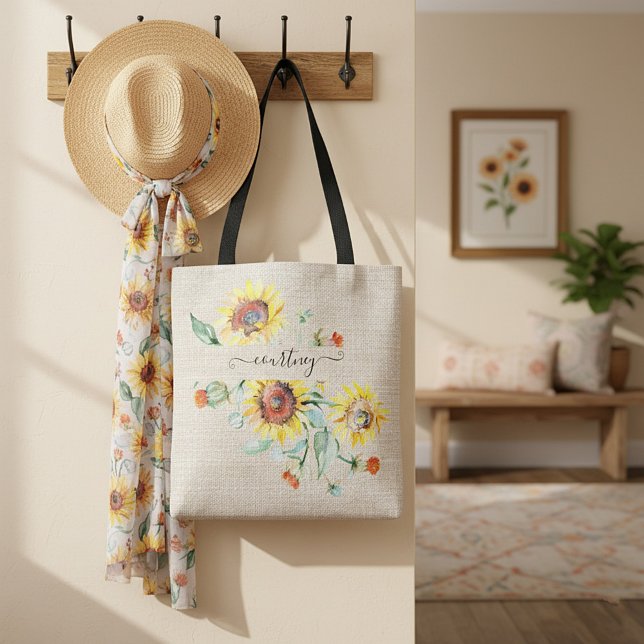 Bolsa Tote Girassóis aquarela personalizados    (Criador carregado)