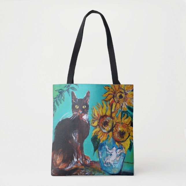 BOLSA TOTE GIRASSÓIS COM GATO PRETO EM TURQUESA AZUL (Frente)