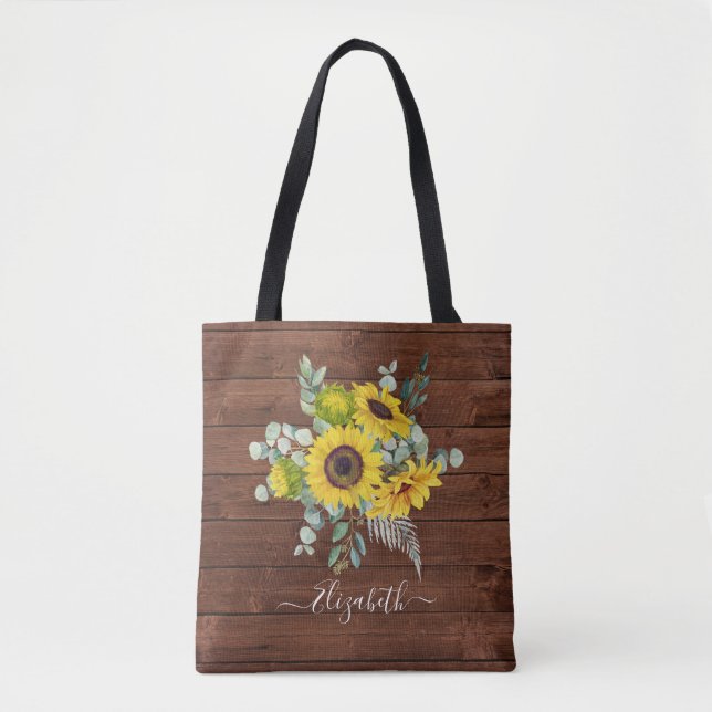 Bolsa Tote Girassóis Florais de Aquarela em Madeira Rústica (Frente)