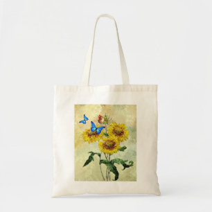 Bolsa Tote Girassóis impressionista e borboletas do vintage
