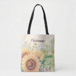 Bolsa Tote Girassóis russos | Presente de nome personalizado<br><div class="desc">Girassóis russos e flores silvestres Design de pintura por aquarela com nome personalizado | texto. Um presente perfeito para suas damas de Bridesman, como Favores Chás de panela, Favores Festas de solteira. Convites de casamento, Cartões salve a data, Bridesmaid para serem Cartões de Solicitação, Cartões de Agradecimento, Favoritos de Casamento...</div>