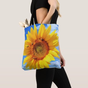 Bolsa Tote Girassol Amarelo e Abelhas no Céu Azul - Dia do V