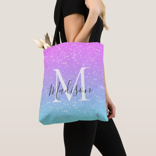 Bolsa Tote Girassol Blue Rainbow Star Glitter Nome Monograma (Close Up)