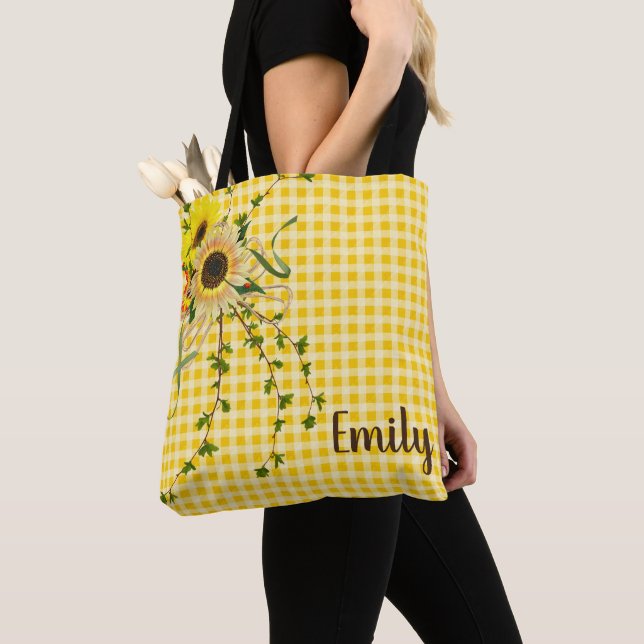 Bolsa Tote girassol e buquê de marinheiro em gingham amarelo (Close Up)