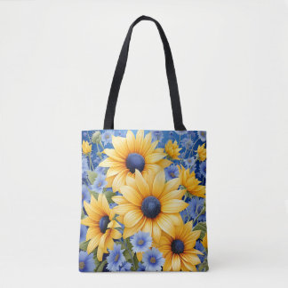 Bolsa Tote Girassol Elegante Com Flores Moles Azuis
