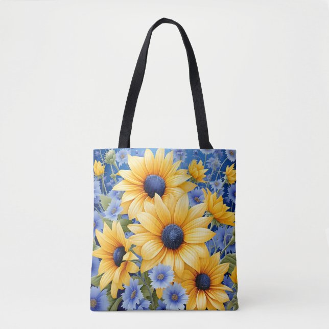 Bolsa Tote Girassol Elegante Com Flores Moles Azuis (Frente)