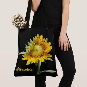 Bolsa Tote Girassol florescente a preto, personalizado