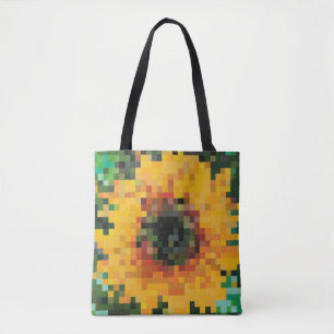 Bolsa Tote Girassol pixelado vibrante com fundo verde