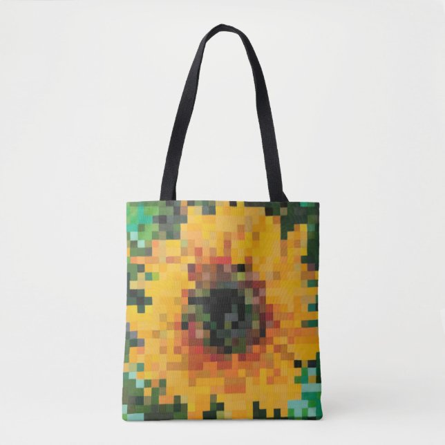 Bolsa Tote Girassol pixelado vibrante com fundo verde (Frente)