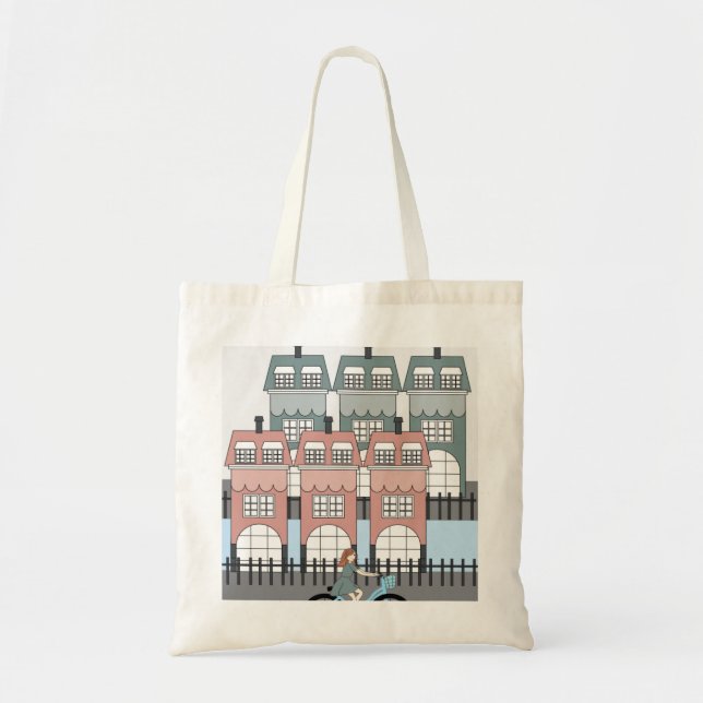 Bolsa Tote Girl Riding Bike Past Amsterdam Tall Houses Art (Frente)
