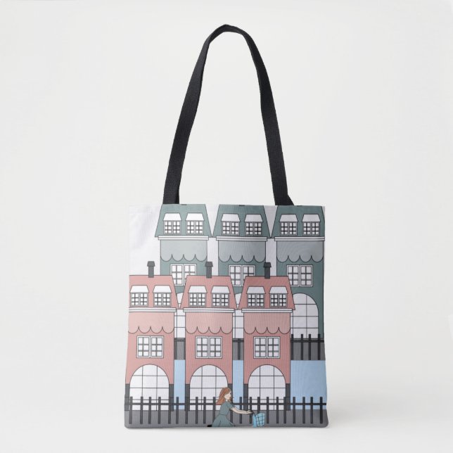 Bolsa Tote Girl Riding Bike Past Amsterdam Tall Houses Art (Frente)