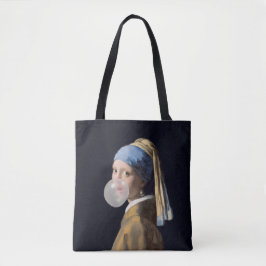 Bolsa Tote Girl with pearl earring blowing a bubble gum