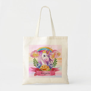 Bolsa Tote Girls Cute Purple Unicorn Rainbow Nome Personaliza