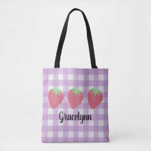 Bolsa Tote Girls Watercolor Strawberry Trio e Xadrez Ba
