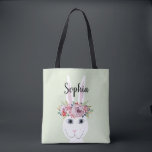 Bolsa Tote Girls Whimsical Flowers Watercolor Rabbit and Name<br><div class="desc">Esta bolsa de tote de miúdo branco e feminino apresenta um belo,  simples,  coelho pintado à mão com uma coroa floral. Este design floral de aquarela também apresenta um lugar para você adicionar o nome de sua garota. Perfeito para qualquer criança ou adulto divertido!</div>