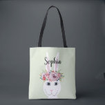 Bolsa Tote Girls Whimsical Flowers Watercolor Rabbit and Name<br><div class="desc">Esta bolsa de tote de miúdo branco e feminino apresenta um belo,  simples,  coelho pintado à mão com uma coroa floral. Este design floral de aquarela também apresenta um lugar para você adicionar o nome de sua garota. Perfeito para qualquer criança ou adulto divertido!</div>