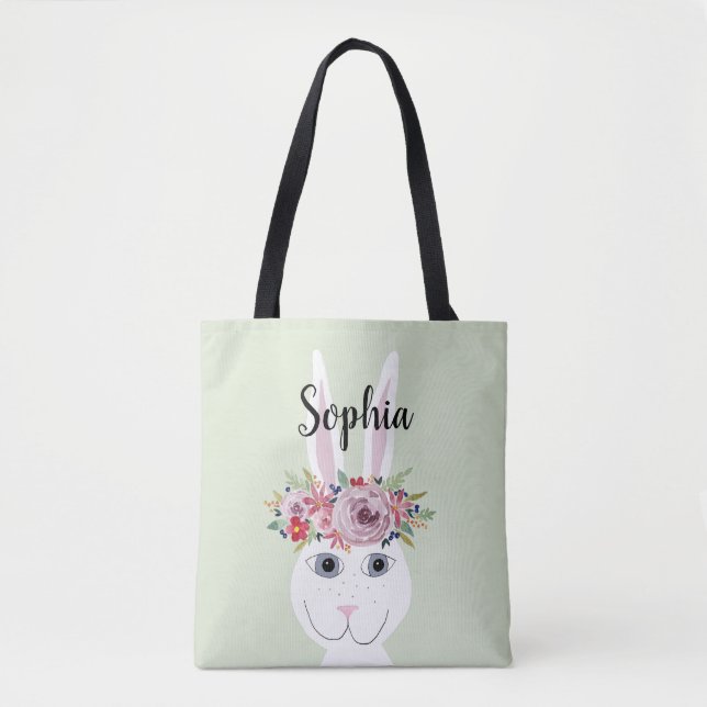 Bolsa Tote Girls Whimsical Flowers Watercolor Rabbit and Name (Frente)