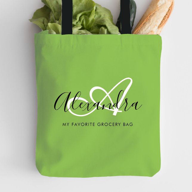 Bolsa Tote Girly Bright Green Trendy Elegant Script Monograma (Girly Bright Green Trendy Elegant Script Monogram Tote Bag)