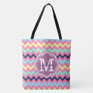 Bolsa Tote Girly Chevron Floral Monograma e Nome Personalizad