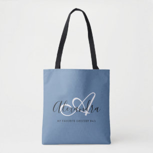 Bolsa Tote Girly Denim Blue Trendy Elegant Script Monograma