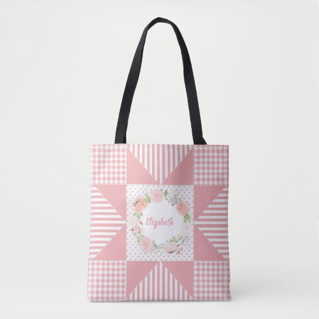 Bolsa Tote Girly Evening Star Quilt Rosa Wreath and Name (Frente)