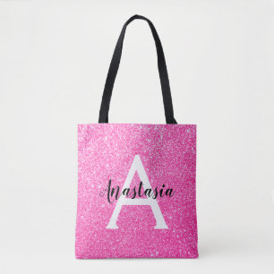 Bolsa Tote Girly Glam Rosa Brilhante Brilho Monograma Nome