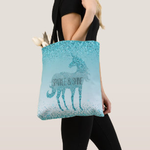 Bolsa Tote Girly Glitz Aqua Turquoise Glitter Unicorn