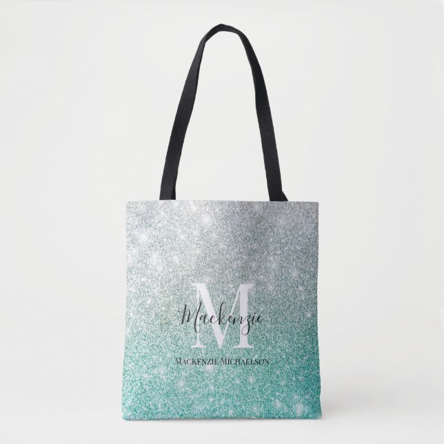 Bolsa Tote Girly Green Silver Ombre Glitter Nome do Monograma (Frente)