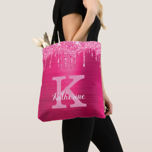 Bolsa Tote Girly Hot Pink Glitter Drives Glam Nome do Monogra