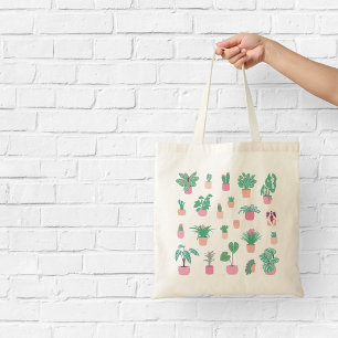 Bolsa Tote Girly Houseplant Pink and Green Illustration