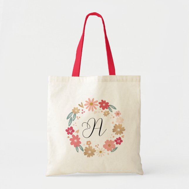 Bolsa Tote Girly - Letra A | Whimsical Floral - Letra Monogra (Frente)