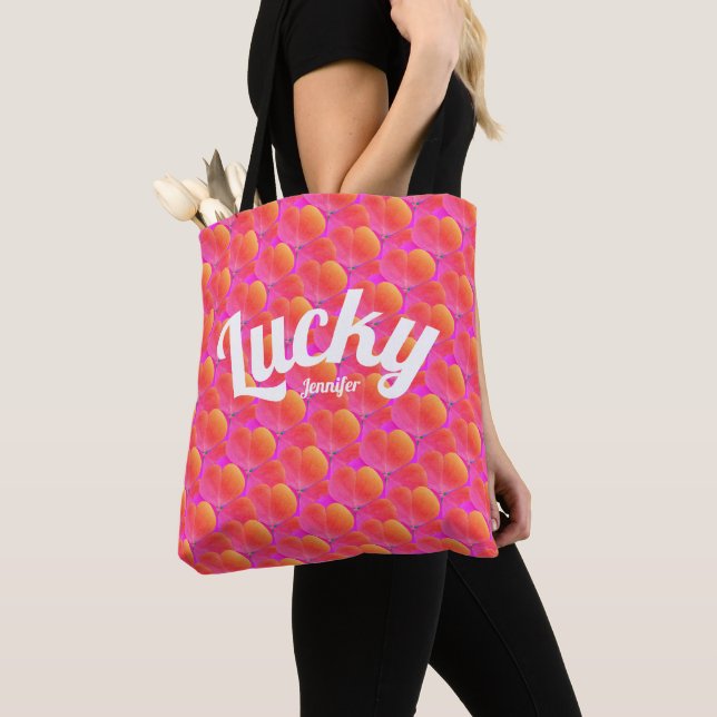 Bolsa Tote Girly Lucky Pink Clover Rua Patrick Irish Pattern (Close Up)