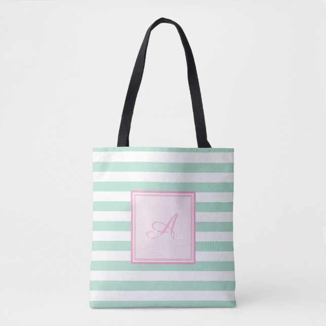 Bolsa Tote Girly Mint Green Striped, Monograma Personalizado (Frente)