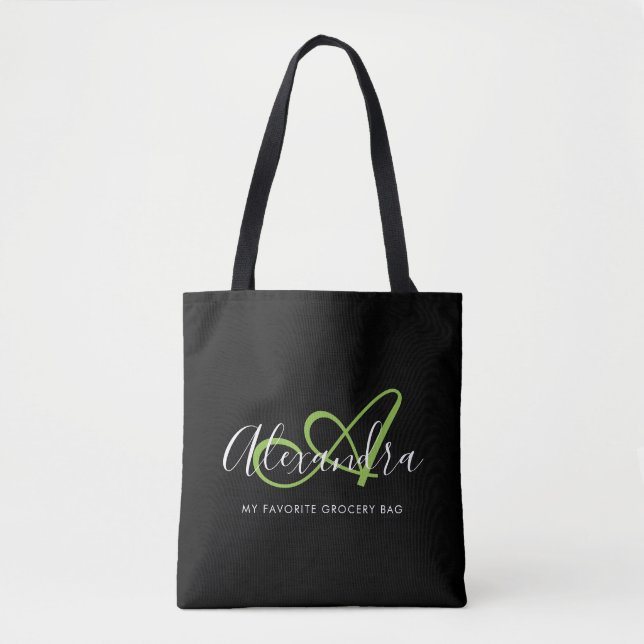 Bolsa Tote Girly Na moda Green Elegant Script Name Monograma (Frente)