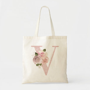 Bolsa Tote Girly Pale Rosa Dourada Glitter Floral V Monograma