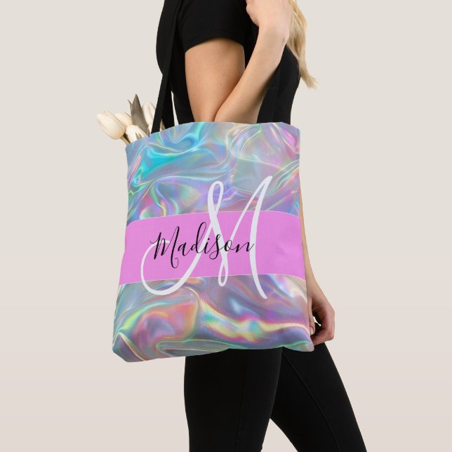 Bolsa Tote Girly Rainbow Holographic Nome do Monograma Irides (Close Up)
